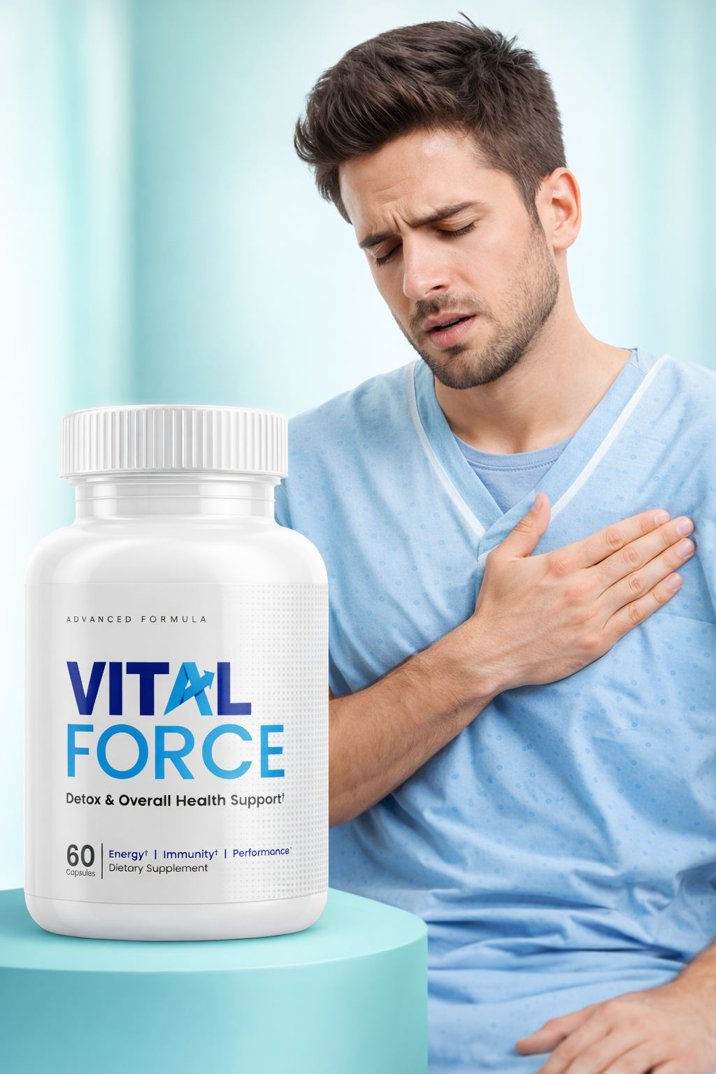 Vital Force Detox 3D supplement bottle with patient holding hand on chest for detox, energy and immunity support