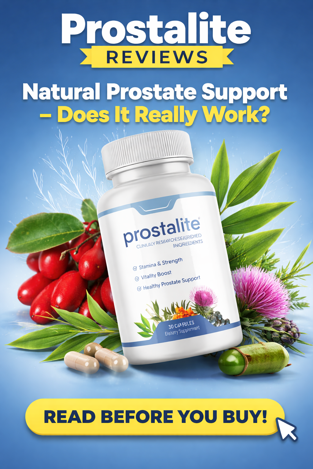 Prostalite 3D bottle showing natural prostate support supplement with herbal ingredients for urinary and prostate health