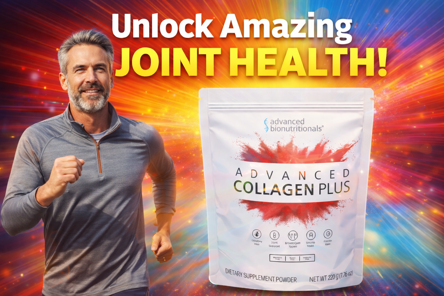 Fit middle-aged man jogging outdoors with energy, next to a package of Advanced Collagen Plus dietary supplement. Vibrant, colorful background emphasizes joint health, skin, hair, and nail benefits. Bold text reads 'Unlock Amazing Joint Health!'