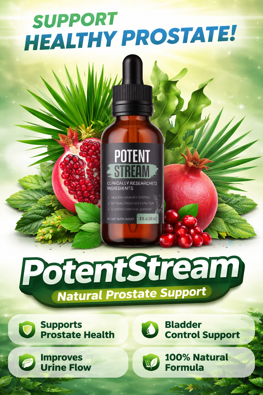 PotentStream Natural Prostate Support liquid supplement bottle with pomegranate and herbal ingredients for prostate and bladder health support