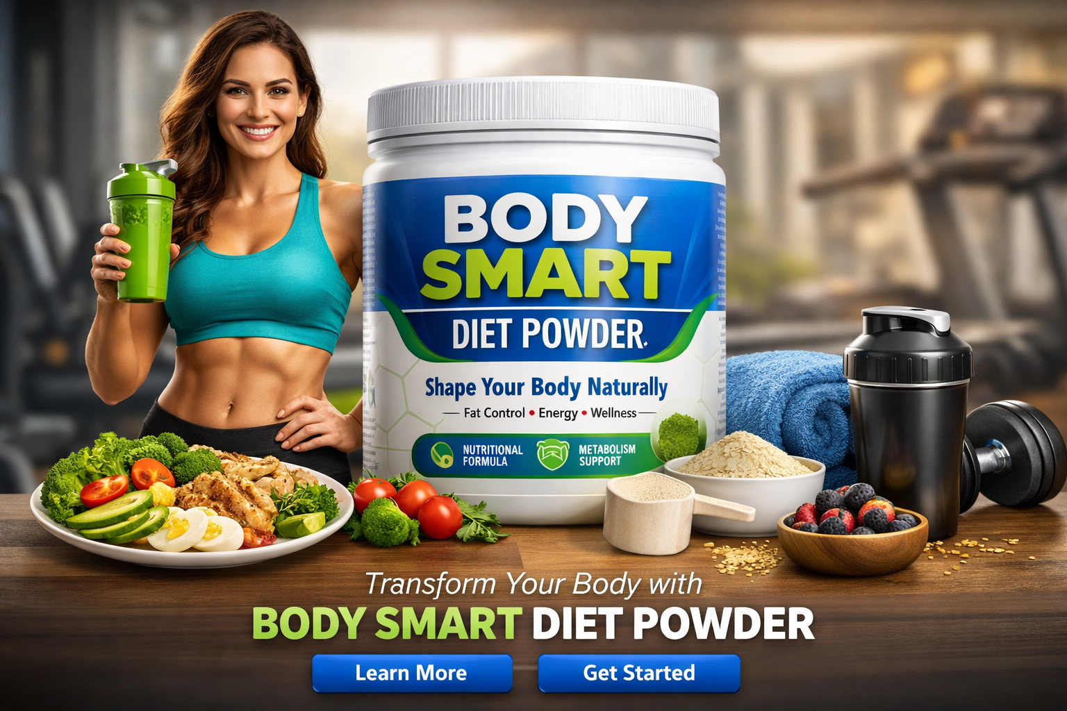 Body Smart Diet Powder 3D image showing a healthy fitness lifestyle and smart diet nutrition
