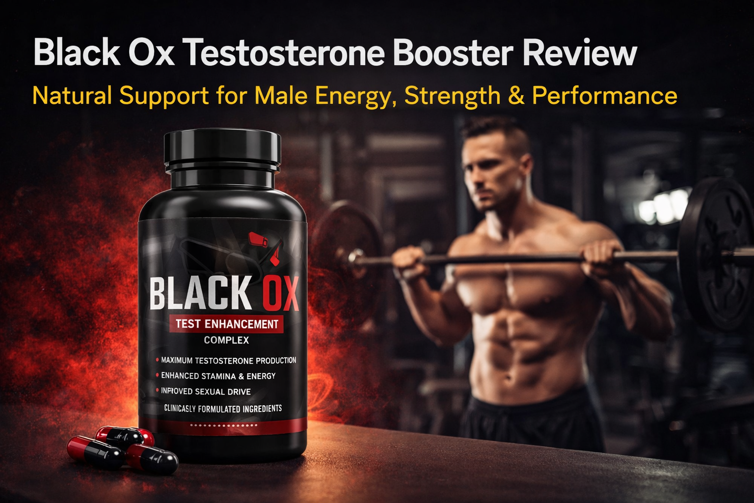 Black Ox Testosterone Booster supplement bottle with fitness model, supporting male energy, strength, stamina, and natural testosterone levels