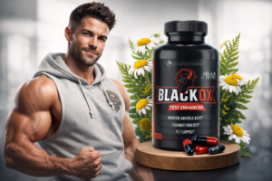 Black Ox testosterone booster bottle with fit muscular male body